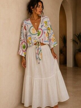Joie Fruit Stamp Postcard Linen Blend Tie Front Cropped Blouse Top Coastal 4